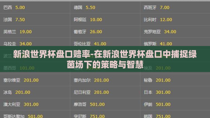 新浪世界杯盘口赔率-在新浪世界杯盘口中捕捉绿茵场下的策略与智慧